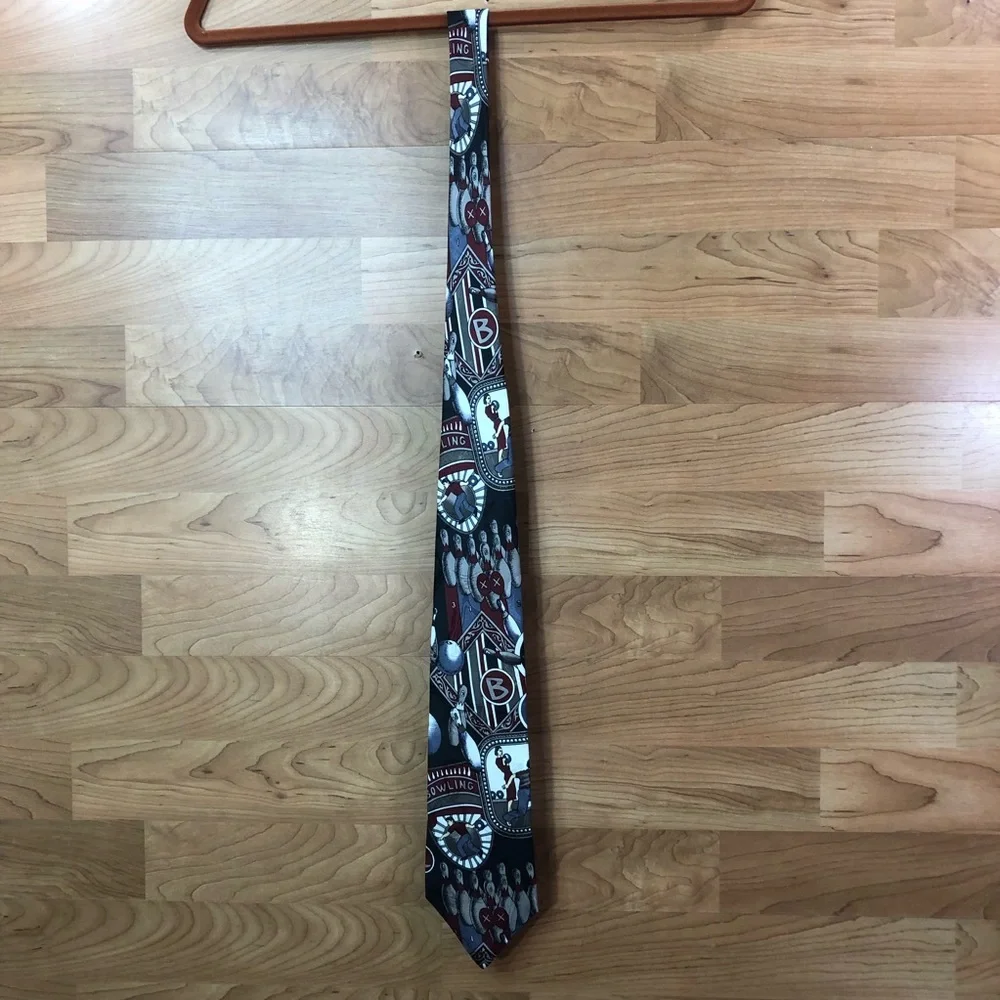 Vintage Corner Stone Bowling Tie with 9 Bowling Pins with Deep Dark Red